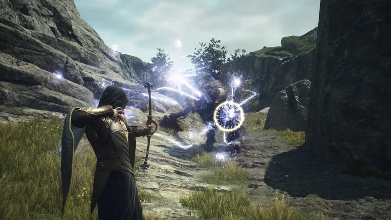 A hooded archer aims a glowing magical bow at a large enemy between rocky cliffs.